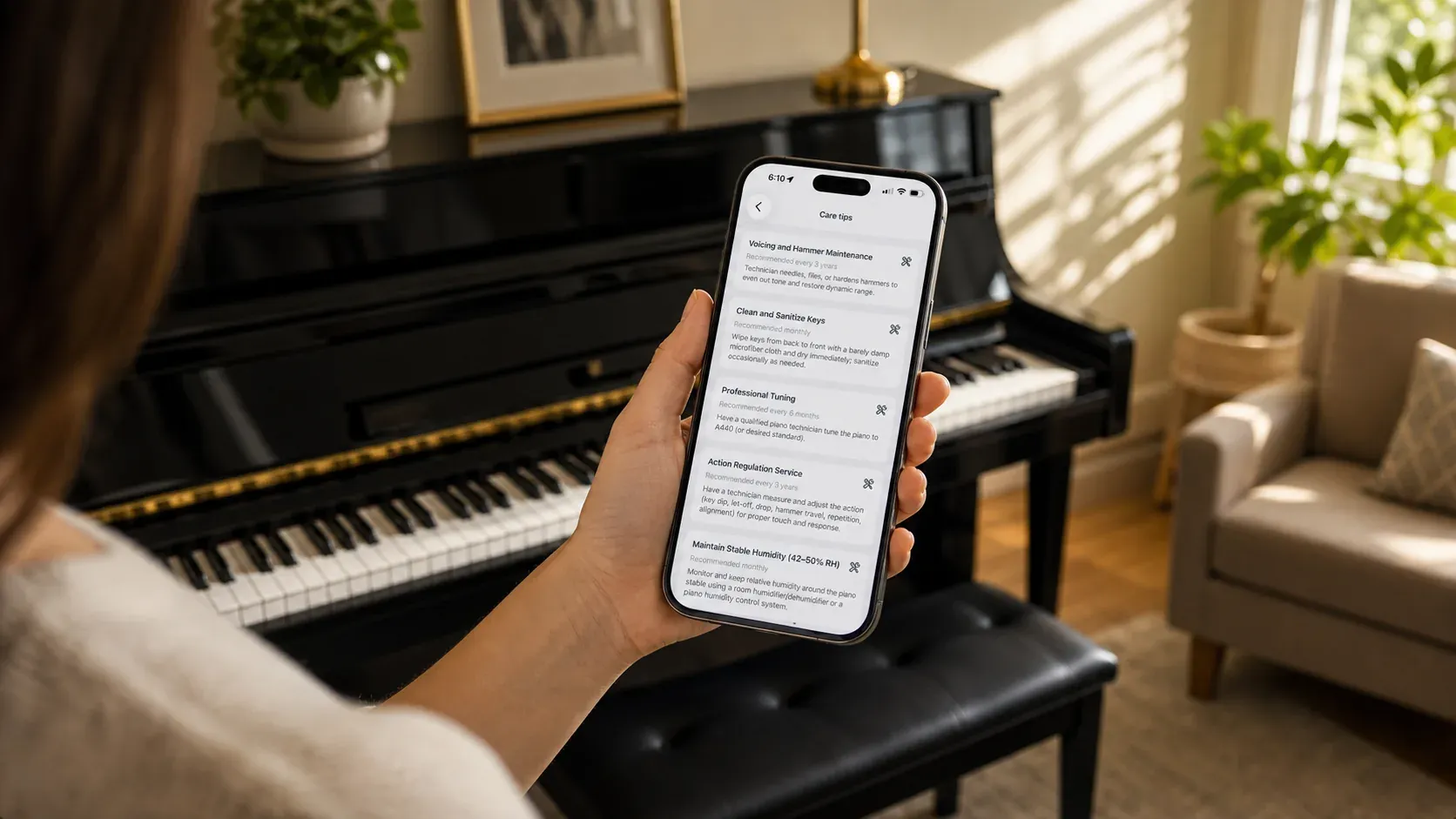 A person viewing piano care tips on a phone beside a piano