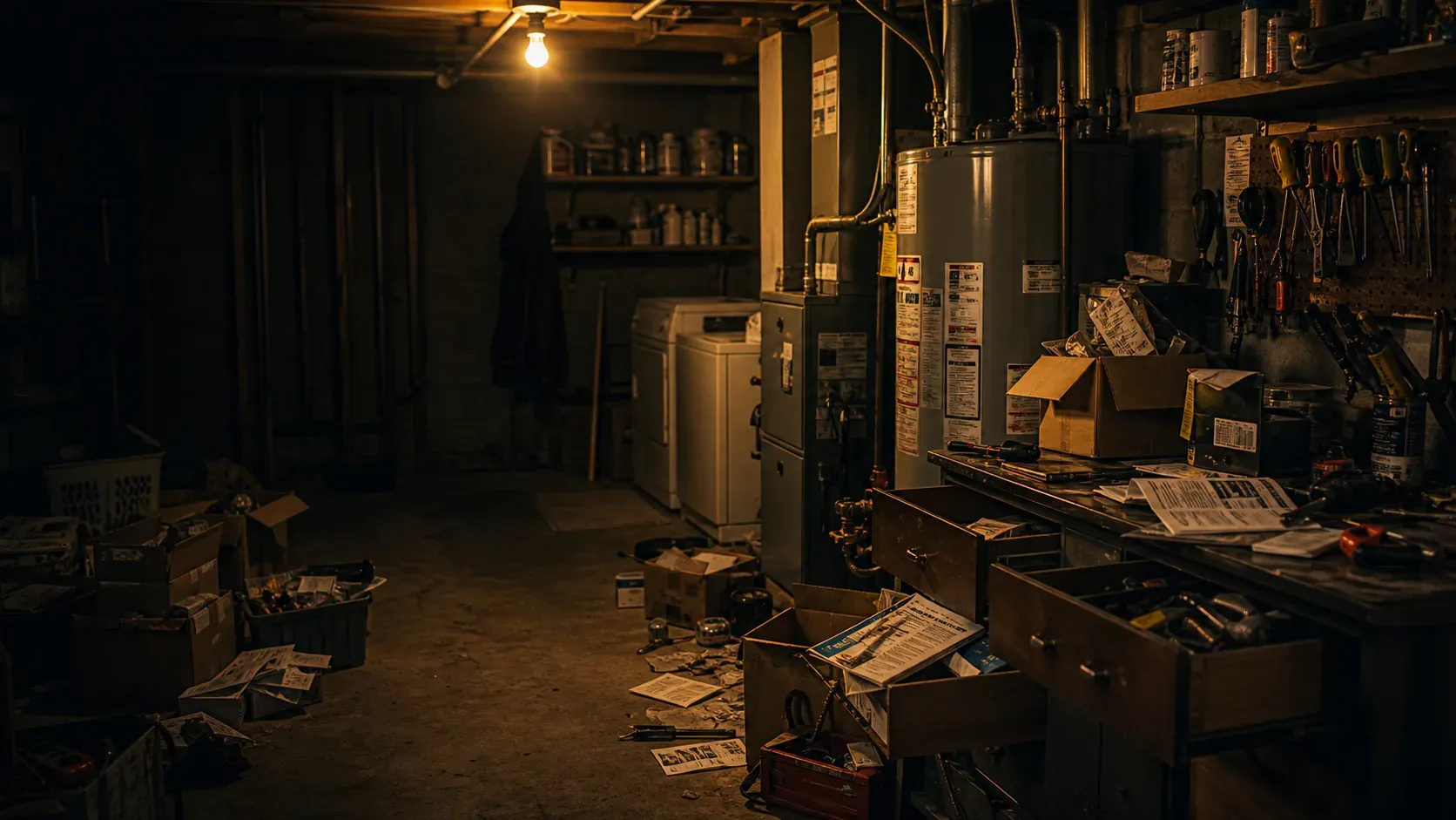 A cluttered basement utility room with a water heater, tools, manuals, and boxes