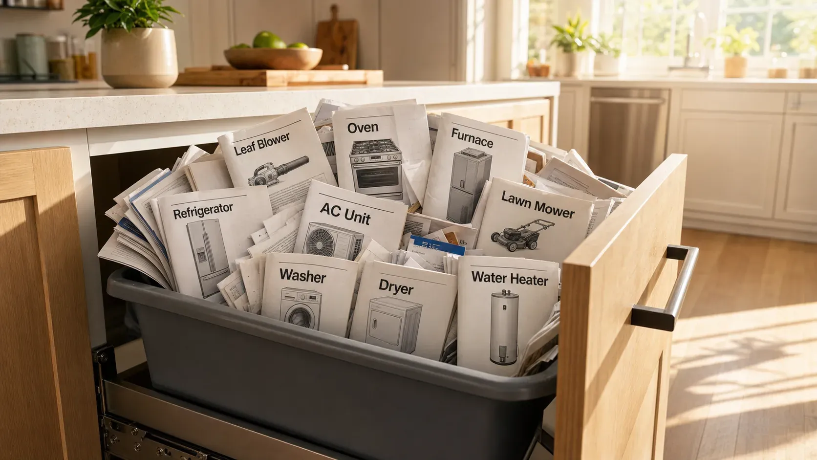 A kitchen drawer full of labeled appliance manuals and home records